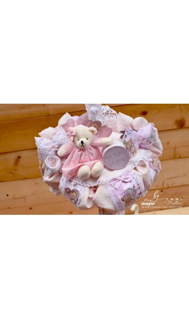 Lumanare de botez cu ursuleti roz, dantela roz si pattern floral cu trandafiri Teddy Bear Pink 19